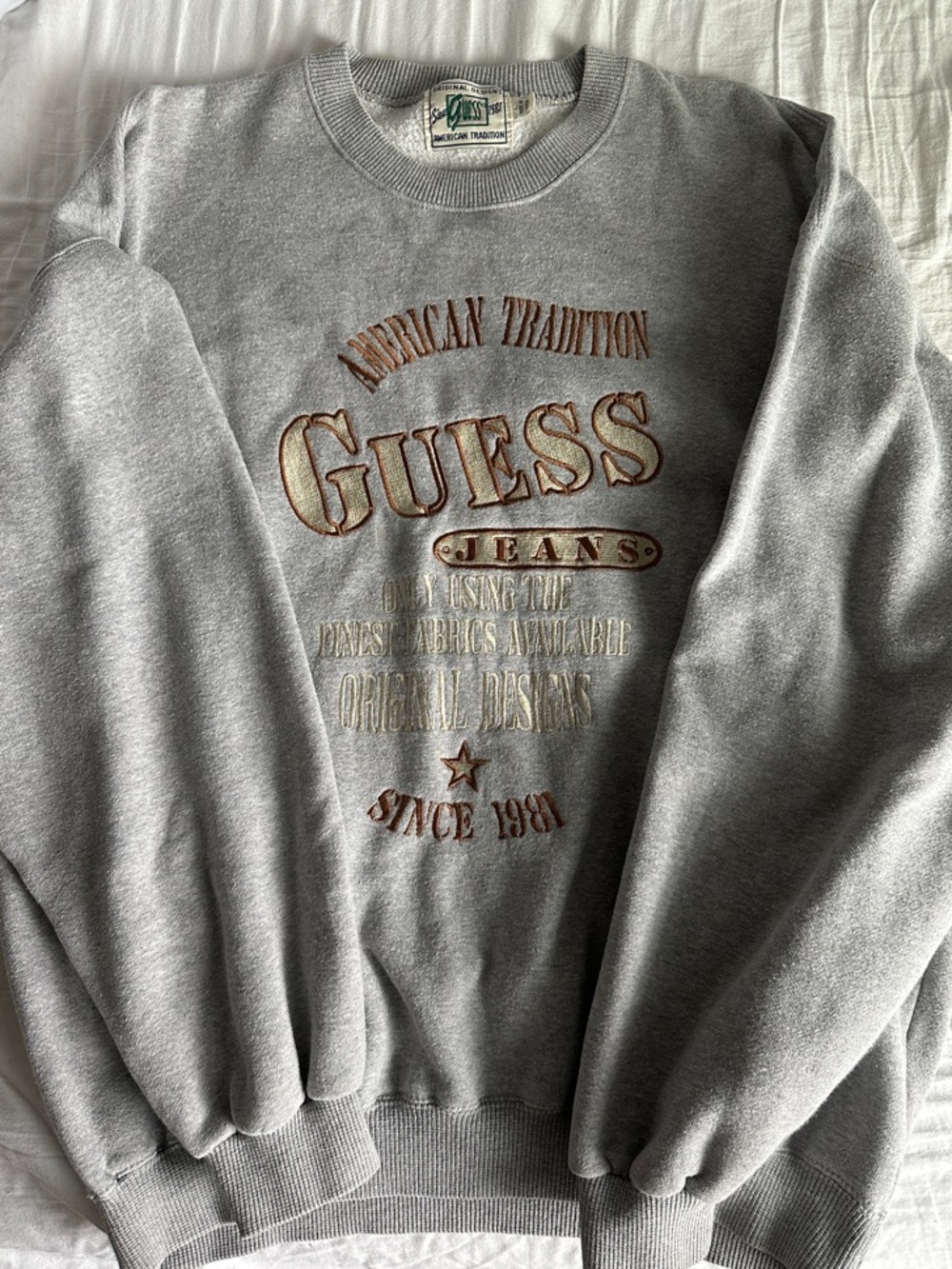 Vintage Guess Grey Sweatshirt with Brown Embroidered Logo - Unisex